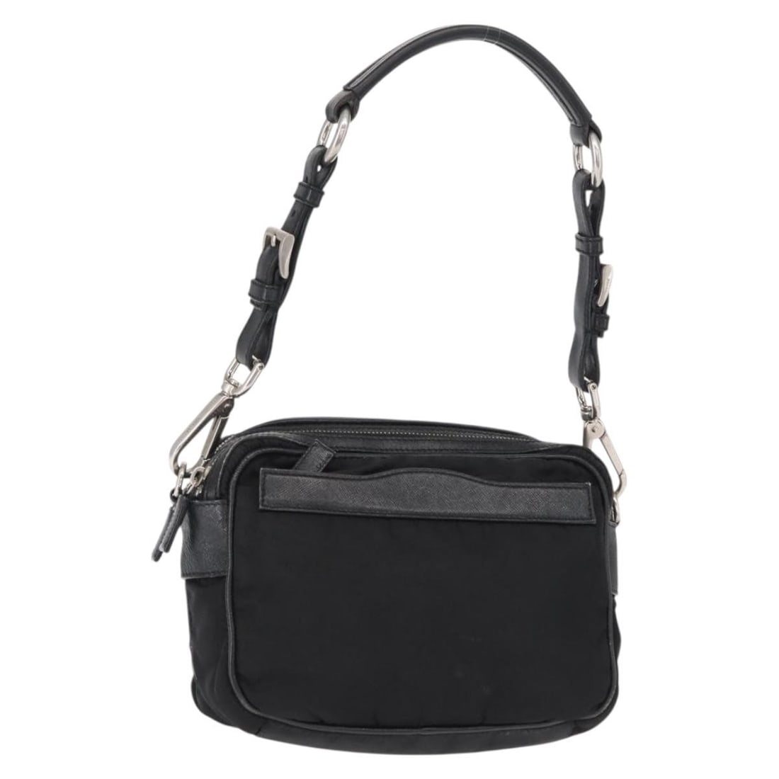 Prada Nylon Black Silver Shoulder Bag Italy 8.3 x 5.9 x 3.5inch: Prada Nylon Black Silver Shoulder Bag Italy 8.3 x 5.9 x 3.5inch This PRADA shoulder bag is crafted from black nylon with silver-tone accents. Designed for women, it features a compact silhouette with 