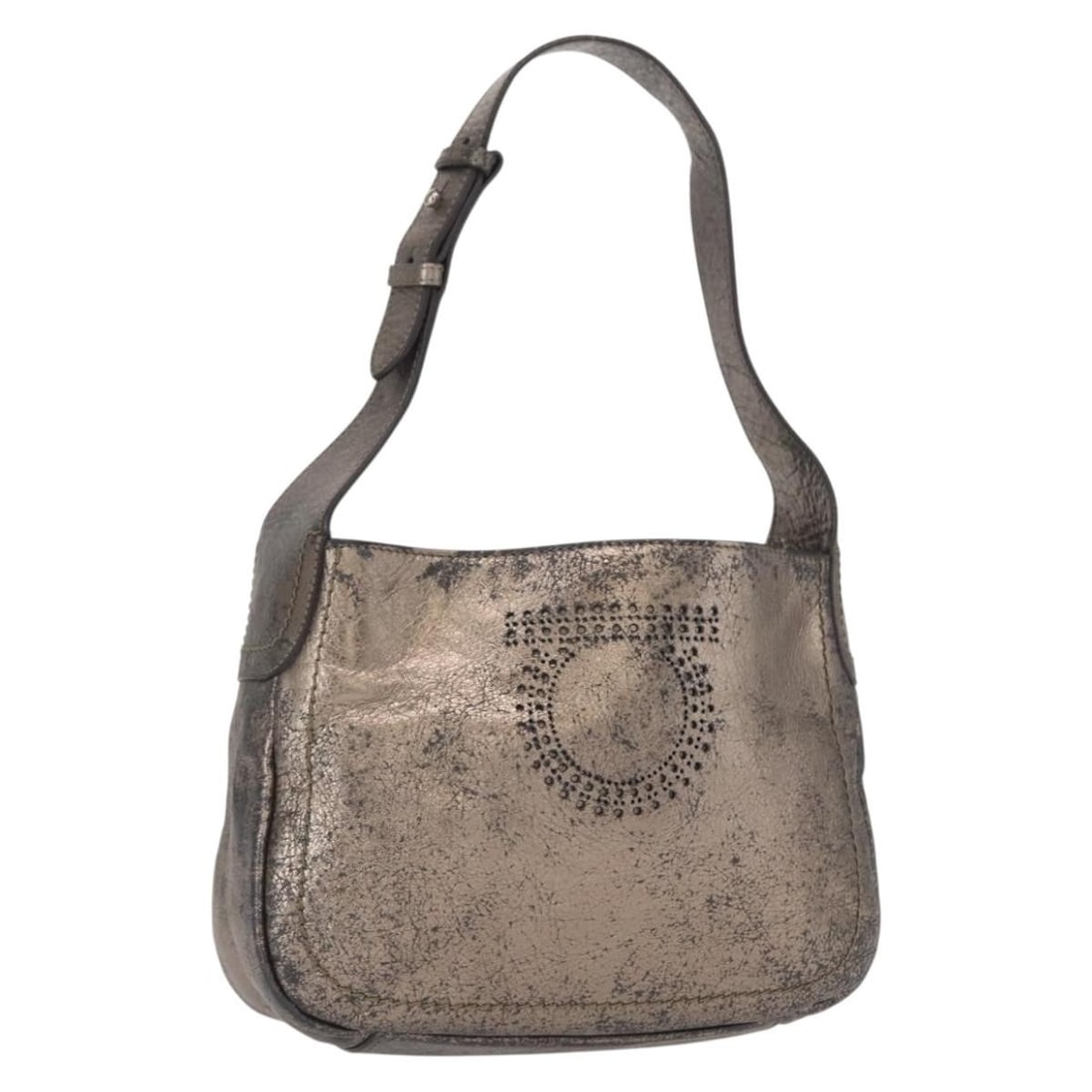 Ferragamo Gancini Silver Leather Shoulder Bag Made in Italy: Ferragamo Gancini Silver Leather Shoulder Bag Made in Italy This Salvatore Ferragamo Gancini shoulder bag is crafted from silver leather and features a compact, structured silhouette. Made in Italy, i