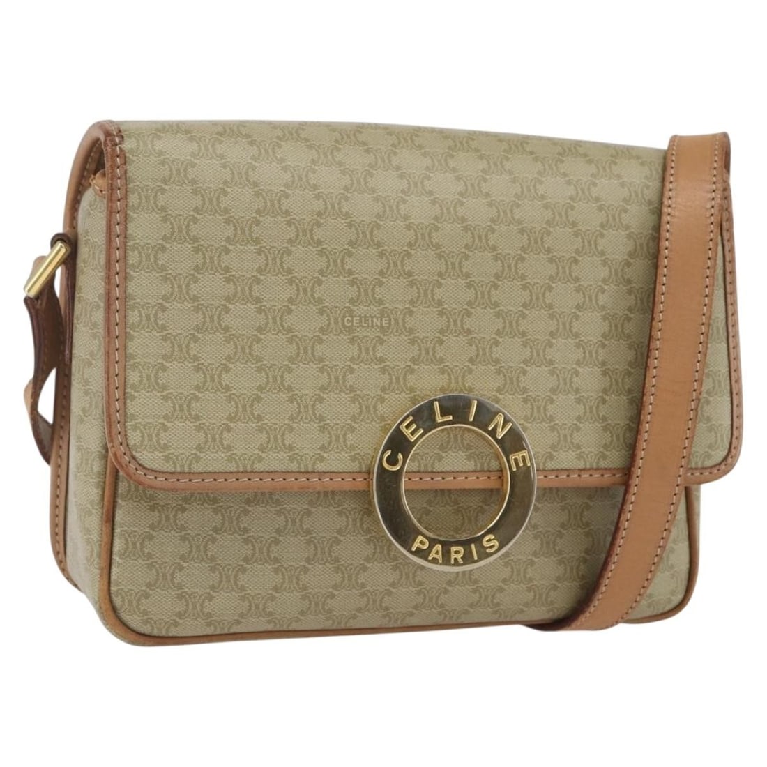 CELINE Macadam Circle Shoulder Bag Beige Gold PVC Leather: CELINE Macadam Circle Shoulder Bag Beige Gold PVC Leather A CELINE shoulder bag in beige and gold, crafted from PVC leather and Macadam canvas. It features a shoulder strap with an approximate drop of
