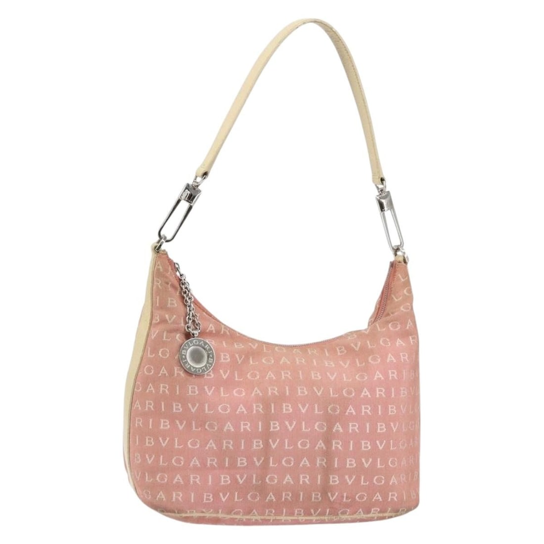BVLGARI Logo Mania Pink Silver Canvas Shoulder Bag Auth 151875: BVLGARI Logo Mania Pink Silver Canvas Shoulder Bag Auth 151875 This BVLGARI Logo Mania Shoulder Bag combines style and functionality, crafted from durable canvas in a striking pink and silver color pa