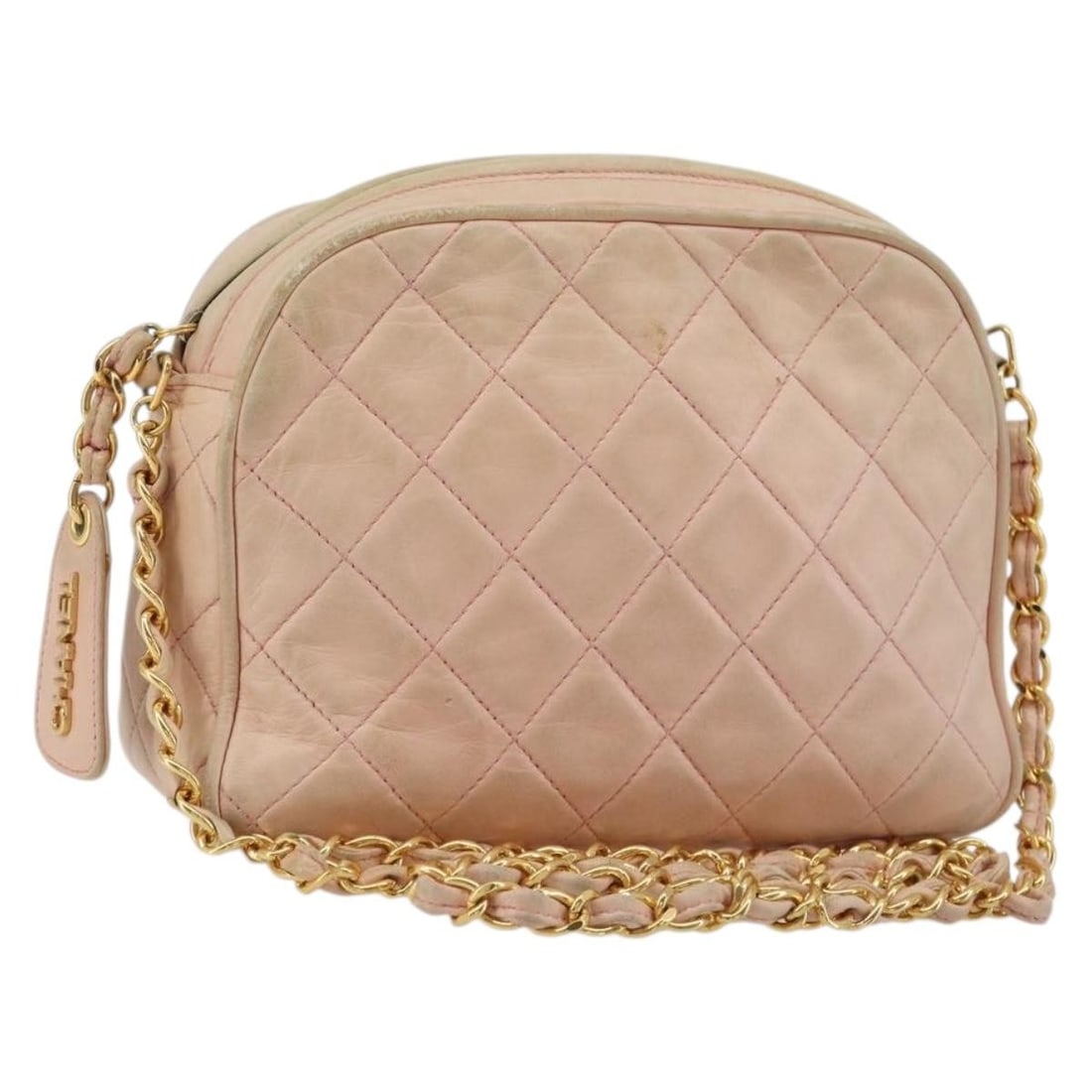 CHANEL CC Beige Lamb Skin Shoulder Bag Gold Tone Auth: CHANEL CC Beige Lamb Skin Shoulder Bag Gold Tone Auth This CHANEL shoulder bag is crafted from lamb skin in beige and gold. Made in Italy, it features a shoulder strap with an approximate 20.5 inch (5