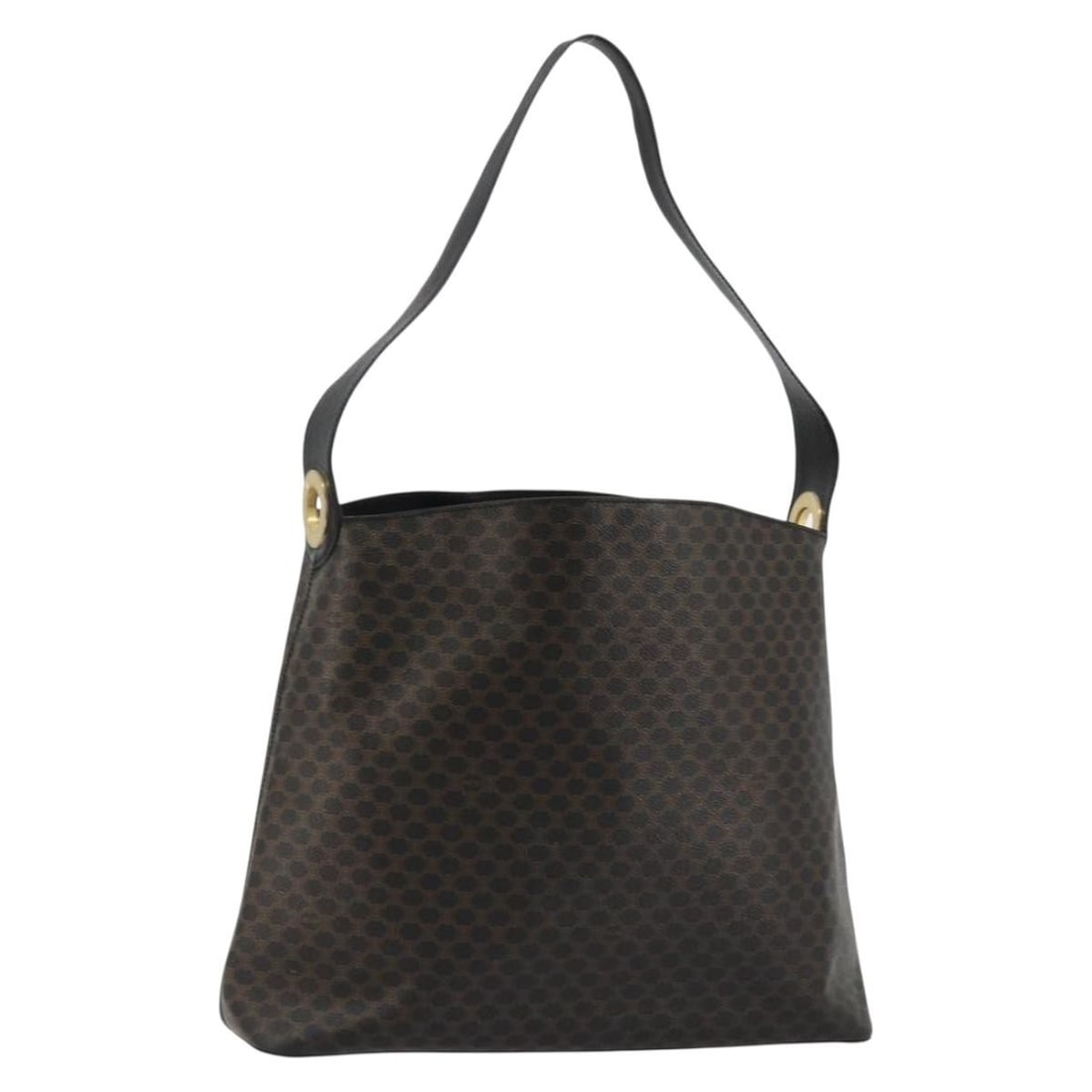 CELINE Macadam Shoulder Bag in Black PVC Leather Gold Tone: CELINE Macadam Shoulder Bag in Black PVC Leather Gold Tone Celine Macadam canvas shoulder bag in black with gold-tone accents, crafted with PVC leather. Made in Italy, this women's shoulder bag includ