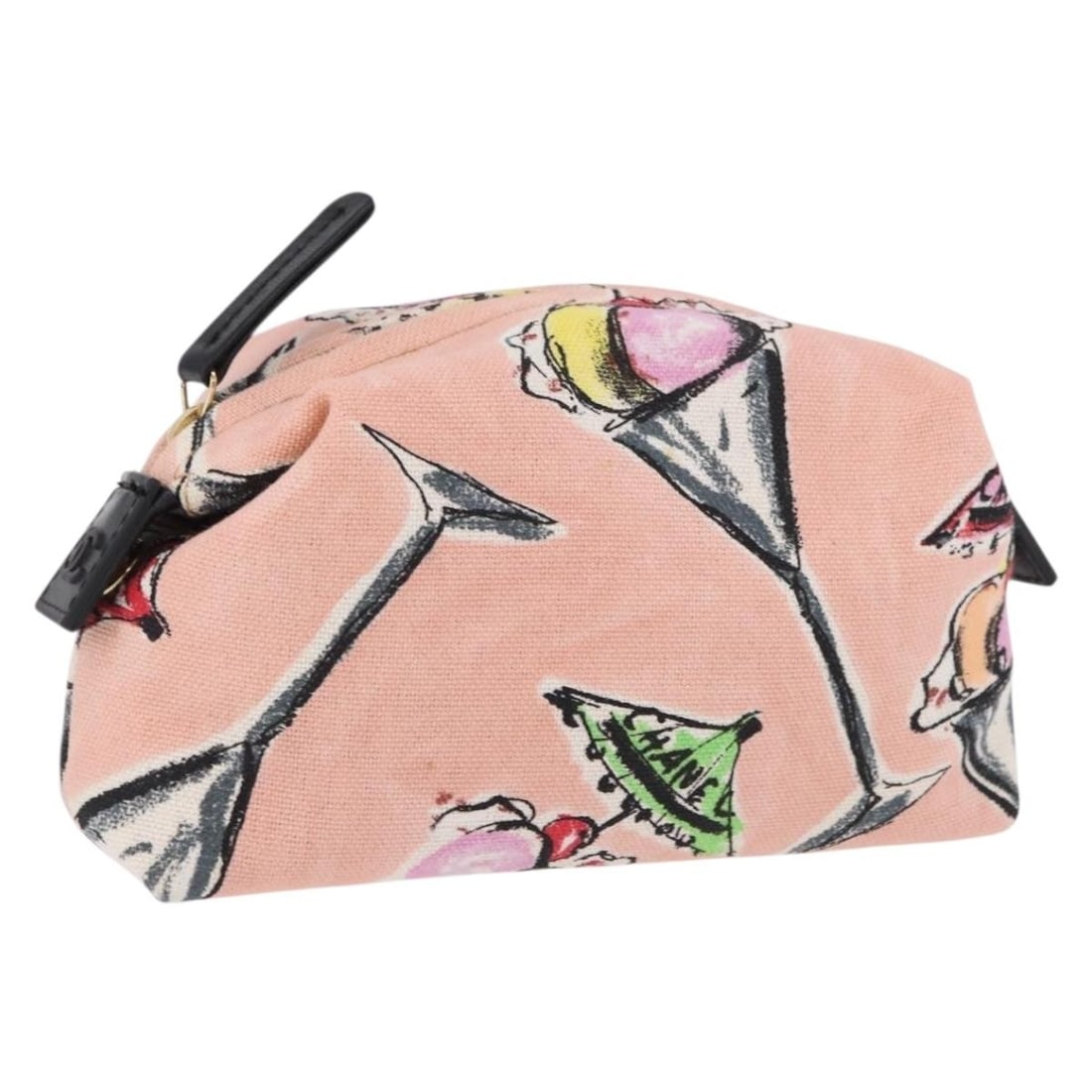 Canvas CHANEL CC Pouch Pink Gold with Guarantee Card: Canvas CHANEL CC Pouch Pink Gold with Guarantee Card A Chanel pouch in pink and gold with a canvas exterior. It comes with a Guarantee Card and was made in Italy. The item is heavily used, with visibl