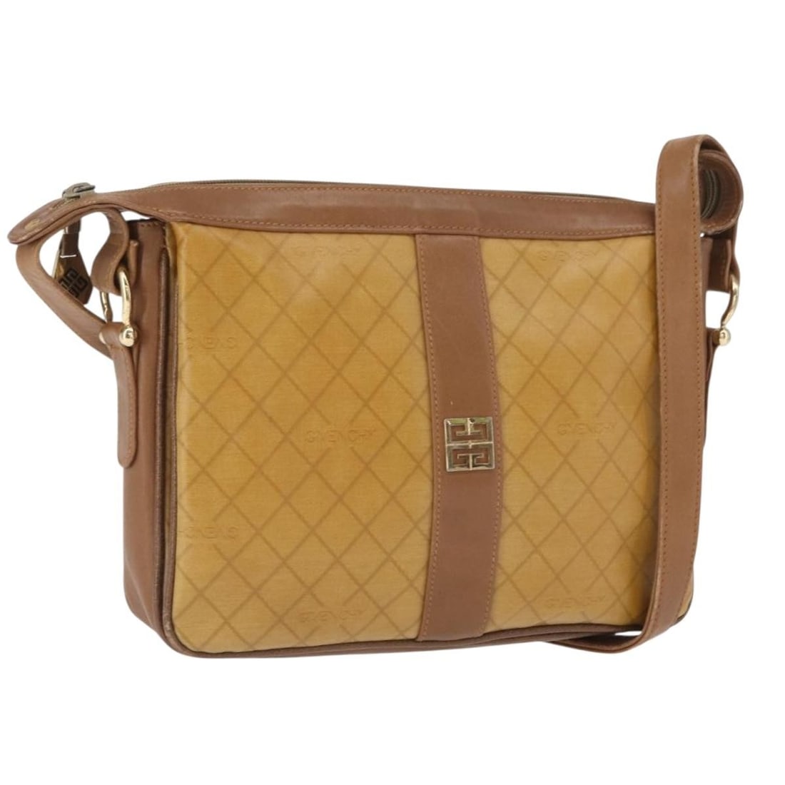 Beige and Gold PVC Canvas Shoulder Bag by Givenchy: Beige and Gold PVC Canvas Shoulder Bag by Givenchy This Givenchy shoulder bag features a beige and gold PVC leather exterior and is designed for everyday use. The bag is made in Spain and has an adjus