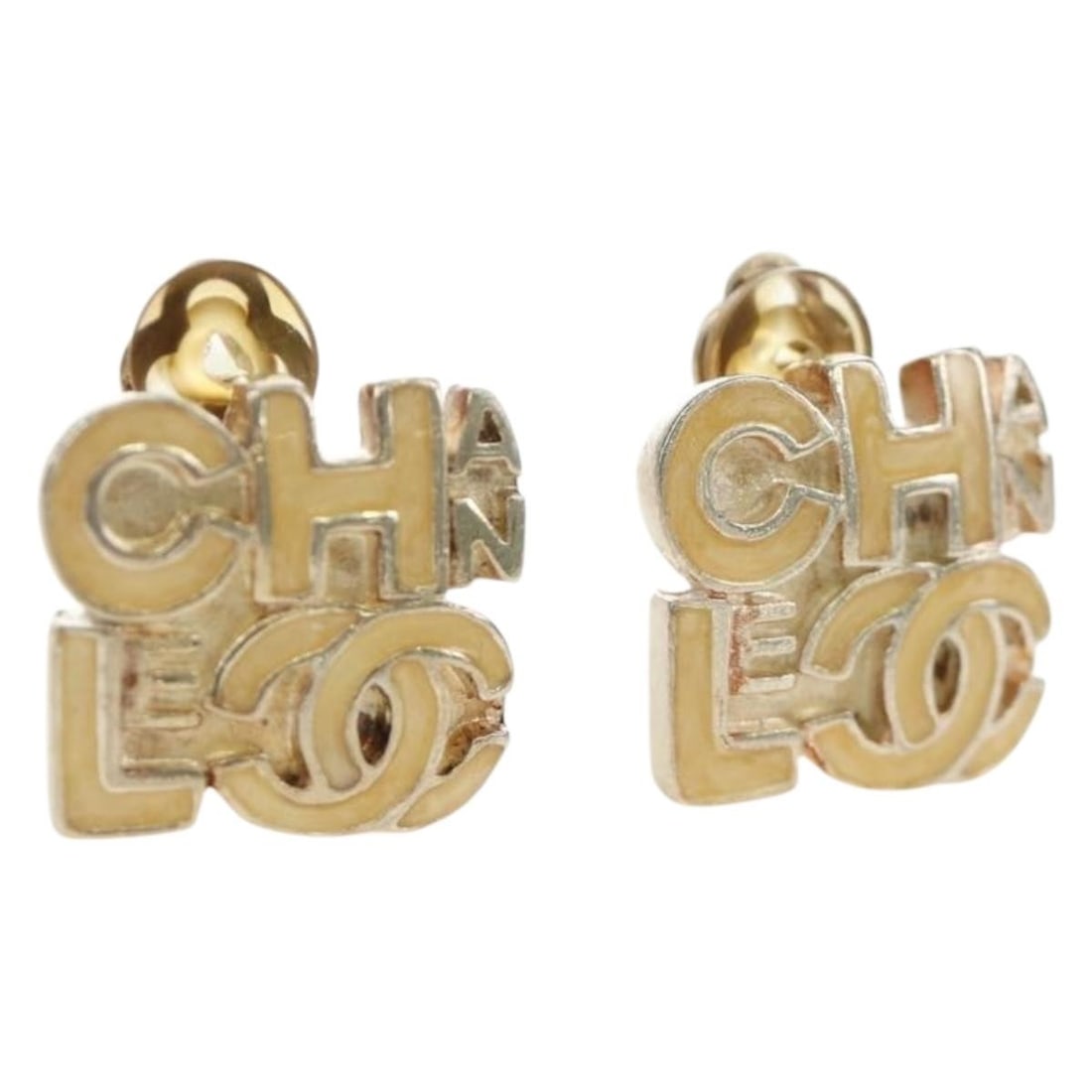 Beige Metal CC Earring CHANEL France: Beige Metal CC Earring CHANEL France CHANEL earring in beige metal, made in France, with item box included. The piece is listed in heavily used condition with visible surface scratches and no offensiv