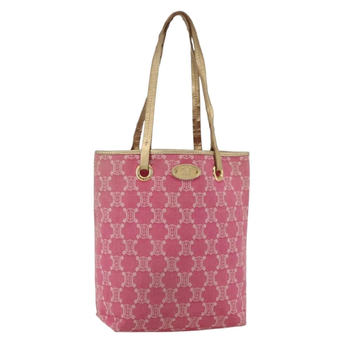 CELINE Macadam Canvas Tote Bag Pink Gold Italy: CELINE Macadam Canvas Tote Bag Pink Gold Italy This CELINE Paris Macadam Canvas tote bag features a pink and gold color scheme with gold-tone hardware. Made in Italy from durable canvas, the bag offer