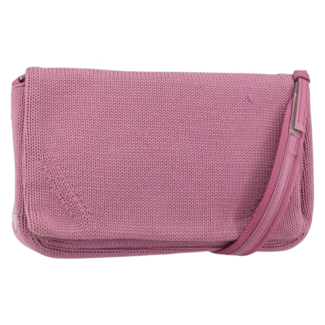 Prada Pink Silver Cotton Shoulder Bag Italy 10.2inch: Prada Pink Silver Cotton Shoulder Bag Italy 10.2inch This PRADA shoulder bag features a knitted cotton exterior in pink and silver tones. Designed for women, the bag measures approximately 10.2 inches