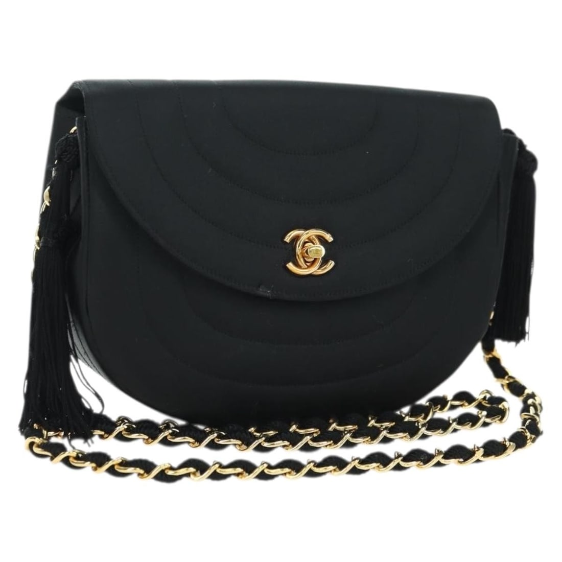 CHANEL Half Moon Satin Shoulder Bag Black Gold CC: CHANEL Half Moon Satin Shoulder Bag Black Gold CC CHANEL half moon chain shoulder bag in satin, presented in black and gold. It is a women's shoulder bag made in France and comes with a dust bag and g
