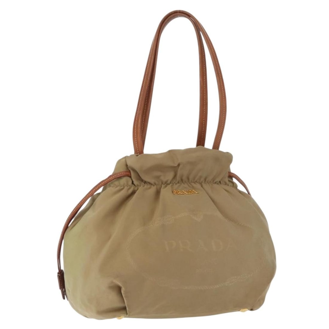 Prada Beige Gold Nylon Tote Bag with Dust Bag: Prada Beige Gold Nylon Tote Bag with Dust Bag Beige and gold Prada nylon tote bag made in Italy. It comes with a dust bag and features a 25 cm x 25 cm x 11 cm size with a 24 cm handle drop. The bag is