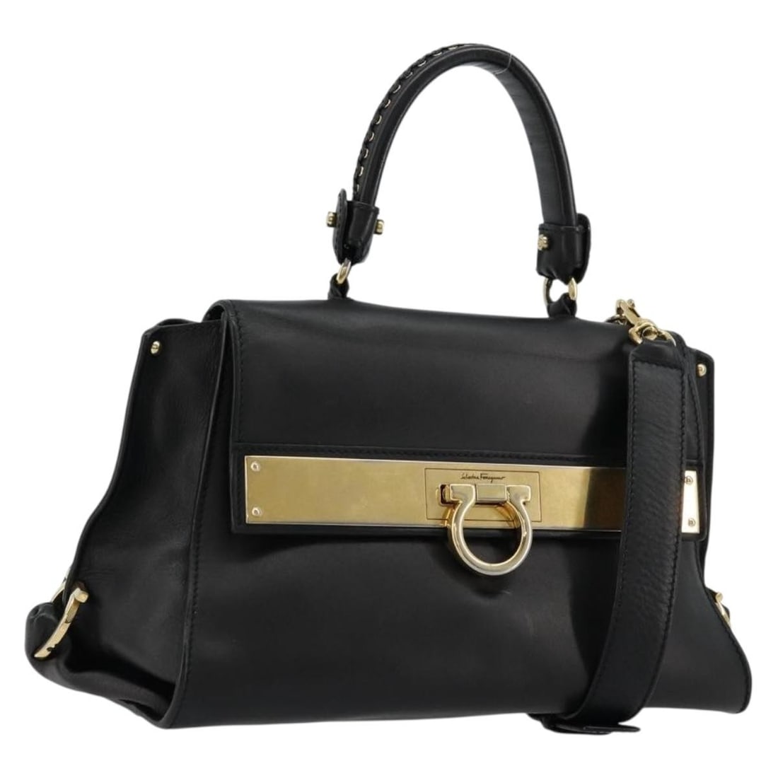 Salvatore Ferragamo Sofia Gancini 2way Leather Handbag Black Gold: Salvatore Ferragamo Sofia Gancini 2way Leather Handbag Black Gold Salvatore Ferragamo Gancini Sofia handbag in black and gold leather, made in Italy. This 2-way style includes a shoulder strap and fea