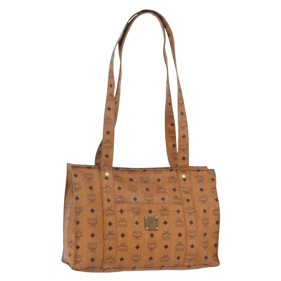 MCM Logogram Brown PVC Leather Tote Bag Gold Tone Hardware Germany: MCM Logogram Brown PVC Leather Tote Bag Gold Tone Hardware Germany This MCM Vicetos Logogram tote bag is crafted from brown and gold PVC leather. Designed for women, it features a spacious interior, d