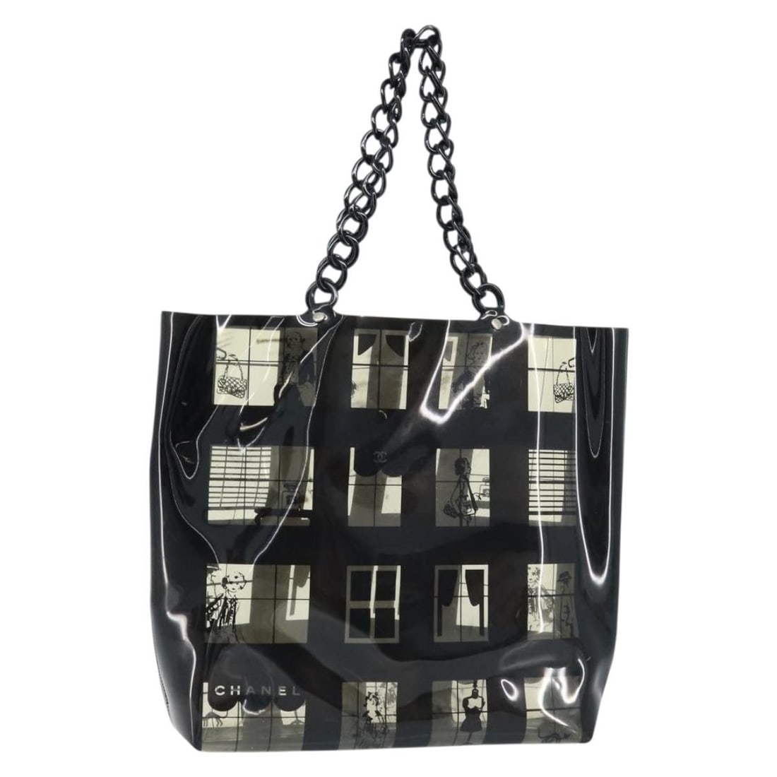 CHANEL CC Black Vinyl Tote Bag Chain Handle France: CHANEL CC Black Vinyl Tote Bag Chain Handle France A black vinyl chain tote bag in heavily used condition, made in France. The bag shows shape loss, rubbing, stains, sun burn, and scratches on the ext