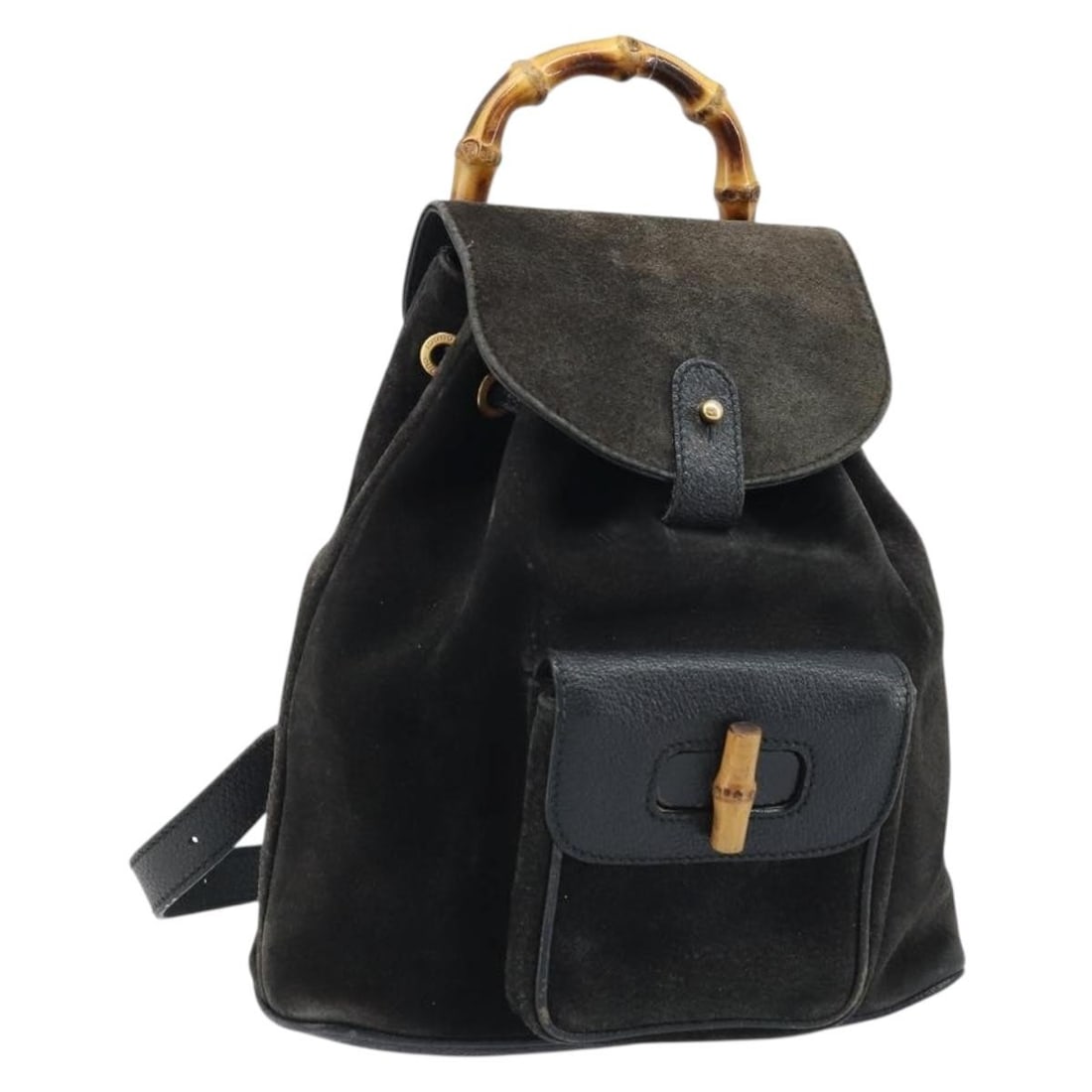 Gucci 003 1956 0030 Suede Bamboo Backpack Black Gold: Gucci 003 1956 0030 Suede Bamboo Backpack Black Gold Vintage Gucci bamboo backpack in black suede with gold-tone accents. This women's backpack is made in Italy and shows heavy signs of use, including