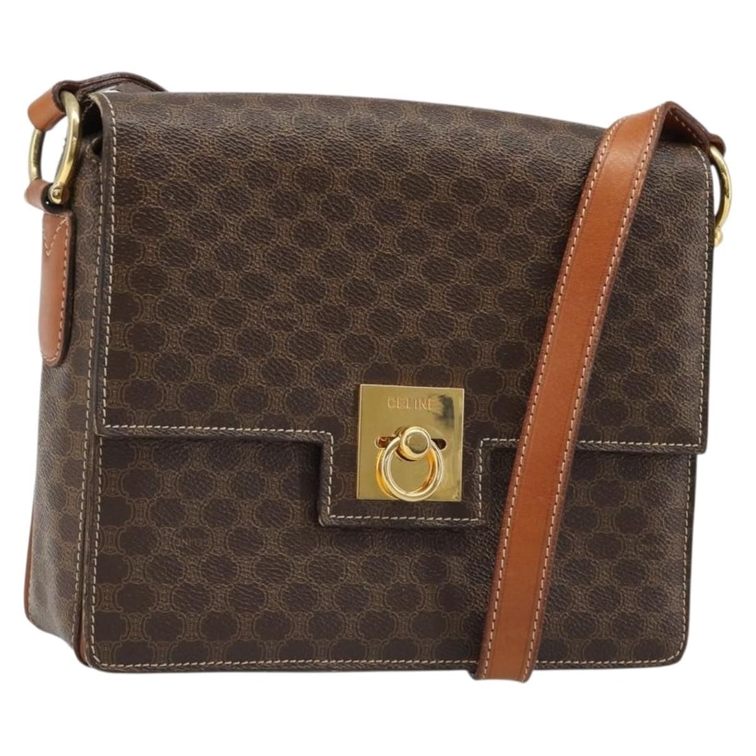 CELINE Macadam Shoulder Bag Brown PVC Leather Italy: CELINE Macadam Shoulder Bag Brown PVC Leather Italy CELINE Macadam Canvas shoulder bag in brown and gold, made in Italy from PVC leather and Macadam canvas. It features a shoulder strap with an approx