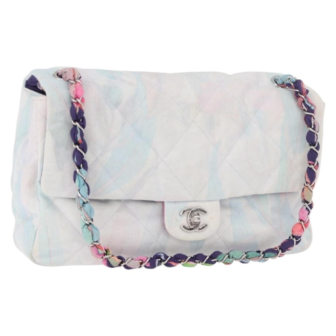 Chanel Big Matelasse 30 Canvas Shoulder Bag Light Blue Silver: Chanel Big Matelasse 30 Canvas Shoulder Bag Light Blue Silver A CHANEL Big Matelasse 30 shoulder bag in light blue and silver, made from canvas and crafted in France. This bag features a shoulder stra