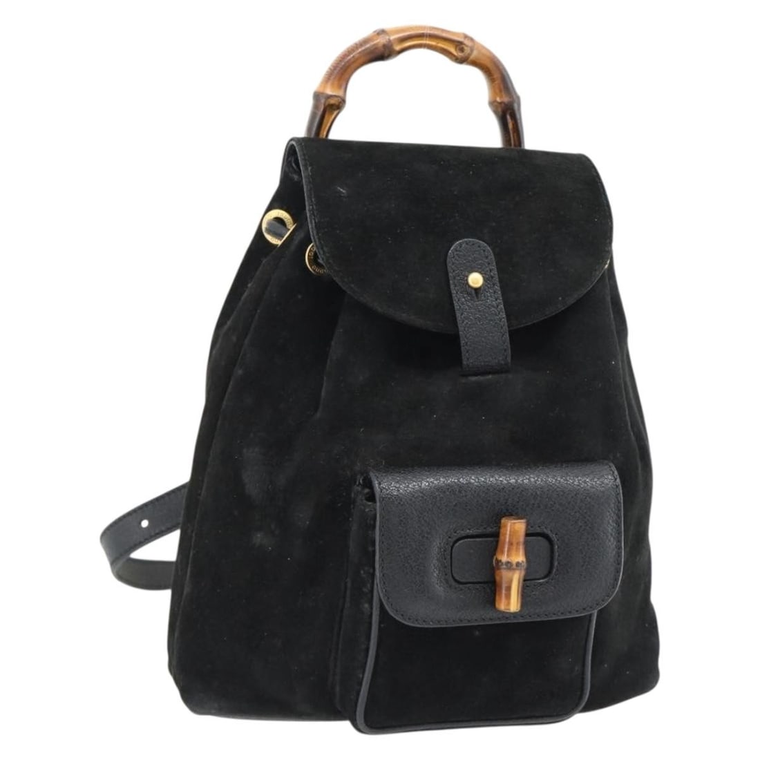 Gucci Bamboo Black Suede Leather Backpack BA6791: Gucci Bamboo Black Suede Leather Backpack BA6791 Gucci Bamboo backpack in black suede, made in Italy. This women's backpack measures approximately 22 cm wide, 25 cm high, and 7 cm deep. It is offered 