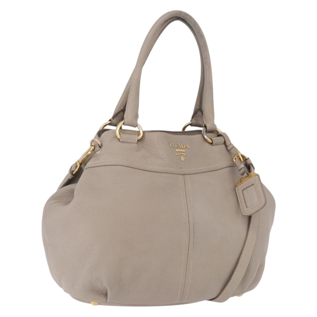 Prada Gray Leather 2 Way Handbag with Shoulder Strap: Prada Gray Leather 2 Way Handbag with Shoulder Strap PRADA leather 2way hand bag in gray with gold-tone accents, made in Italy. It comes with a name tag and shoulder strap. The bag is heavily used and