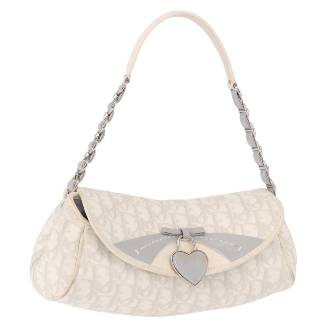 Christian Dior Romantic Chain Shoulder Bag White Trotter Canvas PVC: Christian Dior Romantic Chain Shoulder Bag White Trotter Canvas PVC A Christian Dior Trotter Canvas Romantic Chain Bag in white and silver, made from PVC leather and Trotter canvas. This shoulder bag 