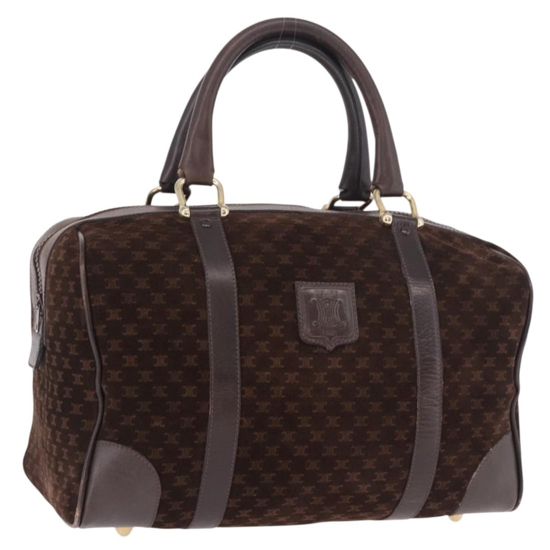 CELINE Macadam Boston Bag Brown Suede Canvas Italy: CELINE Macadam Boston Bag Brown Suede Canvas Italy CELINE Boston bag in suede and Macadam canvas, presented in brown and gold. Made in Italy, this women's bag measures approximately 31 cm W x 17 cm H 