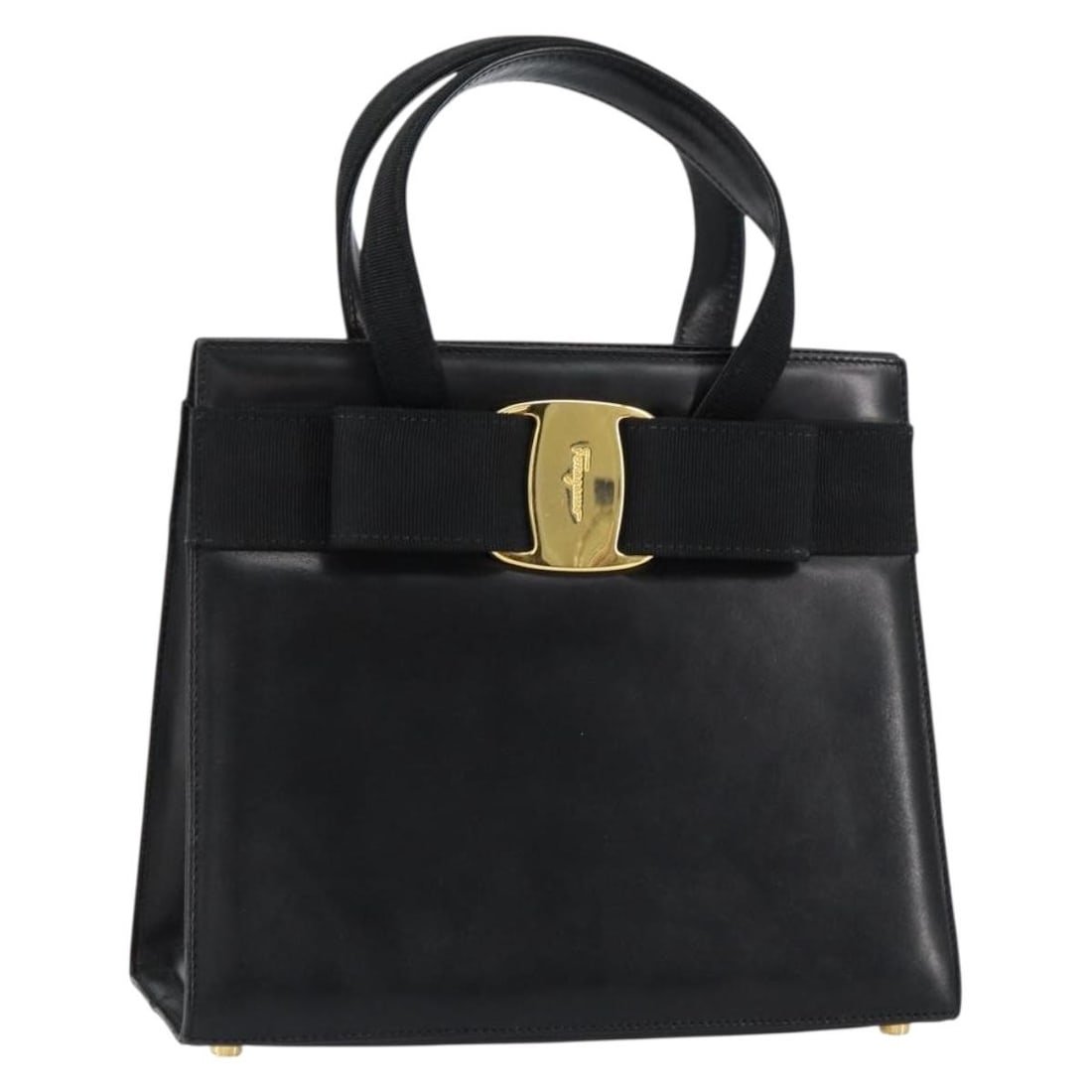 Salvatore Ferragamo Vala Black Gold Leather Hand Bag Auth BA214178: Salvatore Ferragamo Vala Black Gold Leather Hand Bag Auth BA214178 Discover the elegance of the Salvatore Ferragamo Vala Hand Bag, a luxurious accessory crafted from high-quality leather in a striking