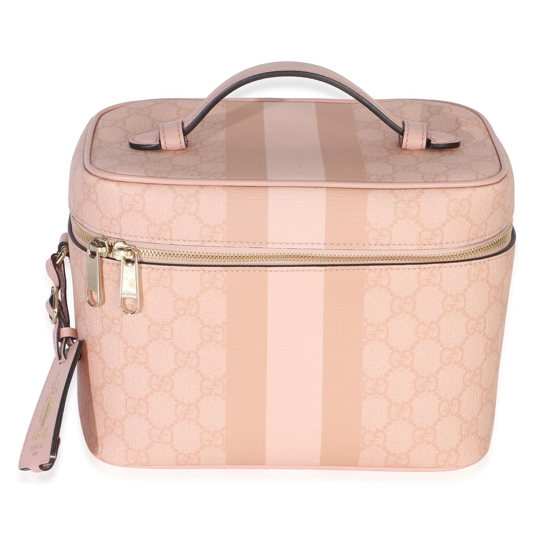 Gucci Pink GG Supreme Vanity Case With Dustbag And ID Tag: Gucci Pink GG Supreme Vanity Case With Dustbag And ID Tag This Gucci Medium Savoy Vanity Case features a light pink GG Supreme monogram canvas with gold-tone hardware and a top handle design. The bag 