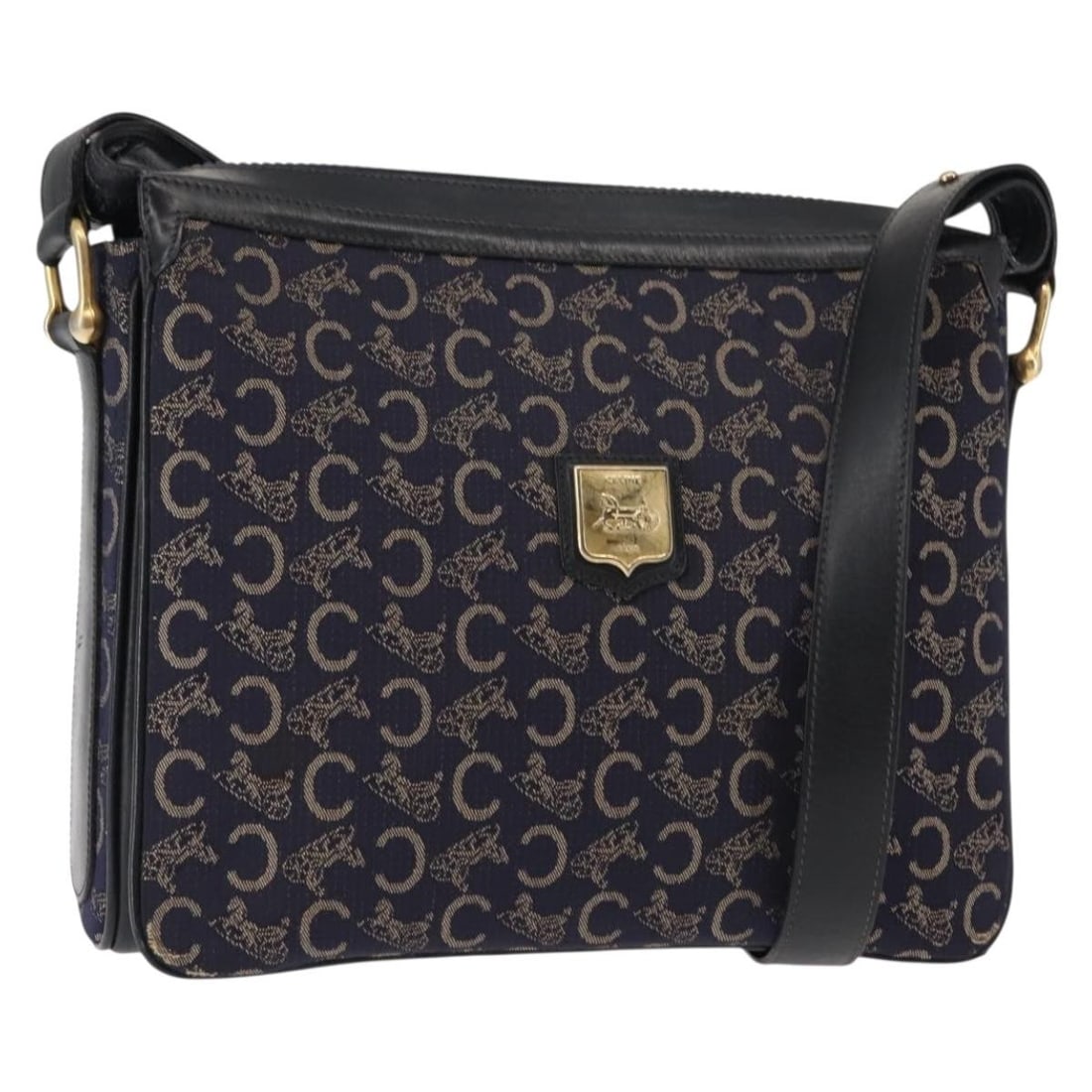 CELINE C Sulky Navy Gold Canvas Shoulder Bag Made in Italy: CELINE C Sulky Navy Gold Canvas Shoulder Bag Made in Italy This CELINE C Sulky Shoulder Bag is a stylish accessory crafted in Italy, featuring a chic combination of navy and gold colors. The exterior 