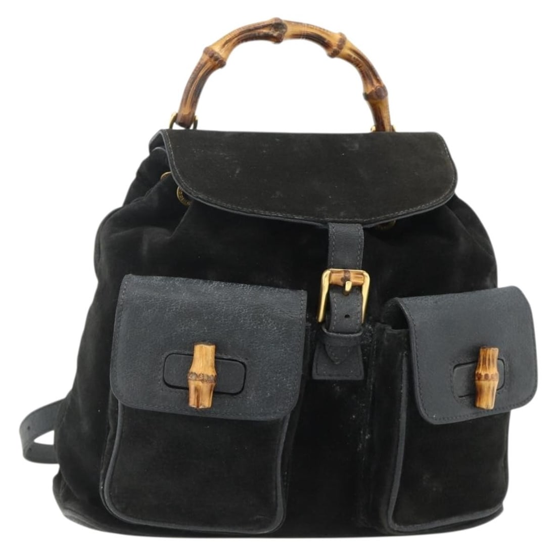 Gucci Bamboo Suede Backpack Black Gold Tone 003 2058 0016: Gucci Bamboo Suede Backpack Black Gold Tone 003 2058 0016 Gucci Bamboo backpack in black and gold suede, made in Italy. This backpack measures approximately W31 cm x H28 cm x D9 cm (W12.2 x H11.0 x D3