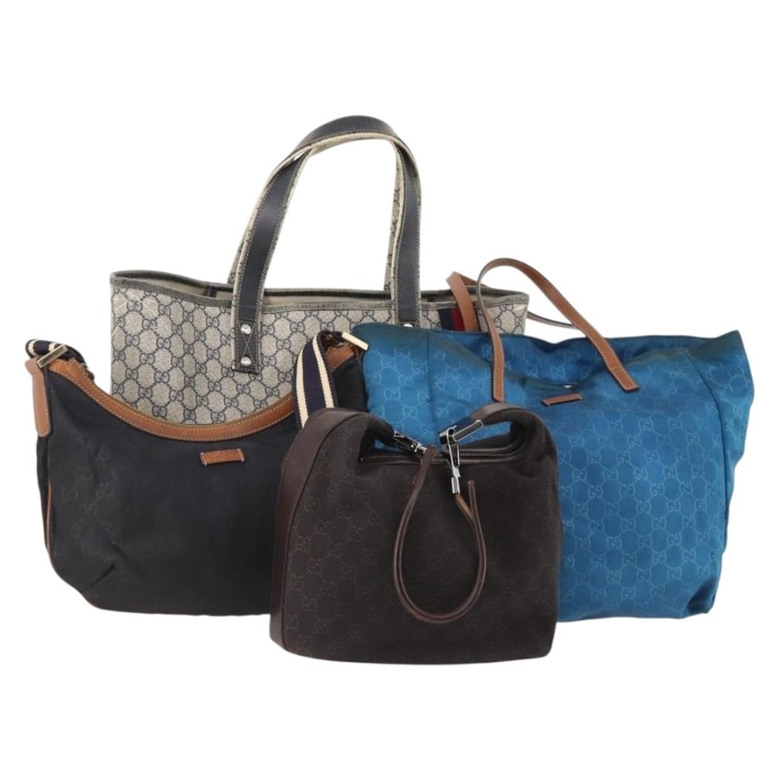 4 Piece Gucci GG Supreme Canvas Tote Bag Set Black Navy PVC Leather: 4 Piece Gucci GG Supreme Canvas Tote Bag Set Black Navy PVC Leather Gucci tote bag made in Italy with PVC leather and GG canvas in black, navy, and blue. This item is listed as a special set offer, an