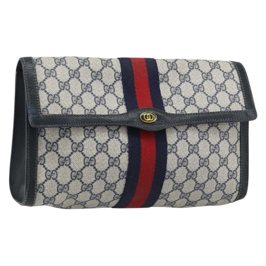 Gucci Sherry Line PVC GG Canvas Navy Red Clutch Bag 84 01 007: Gucci Sherry Line PVC GG Canvas Navy Red Clutch Bag 84 01 007 This is a GUCCI GG Supreme Sherry Line clutch bag crafted from navy and red PVC leather and GG canvas. Designed for women, this Italian-ma