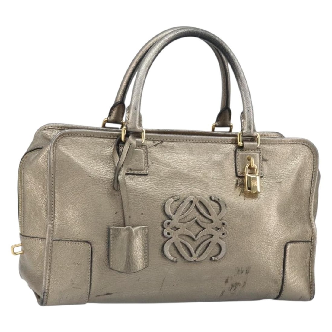 LOEWE Amazona 36 Anagram leather handbag gold padlock keys clochette: LOEWE Amazona 36 Anagram leather handbag gold padlock keys clochette LOEWE Amazona 36 handbag in gold leather, made in Spain. It comes with a padlock, two keys, and a clochette. The bag is heavily use