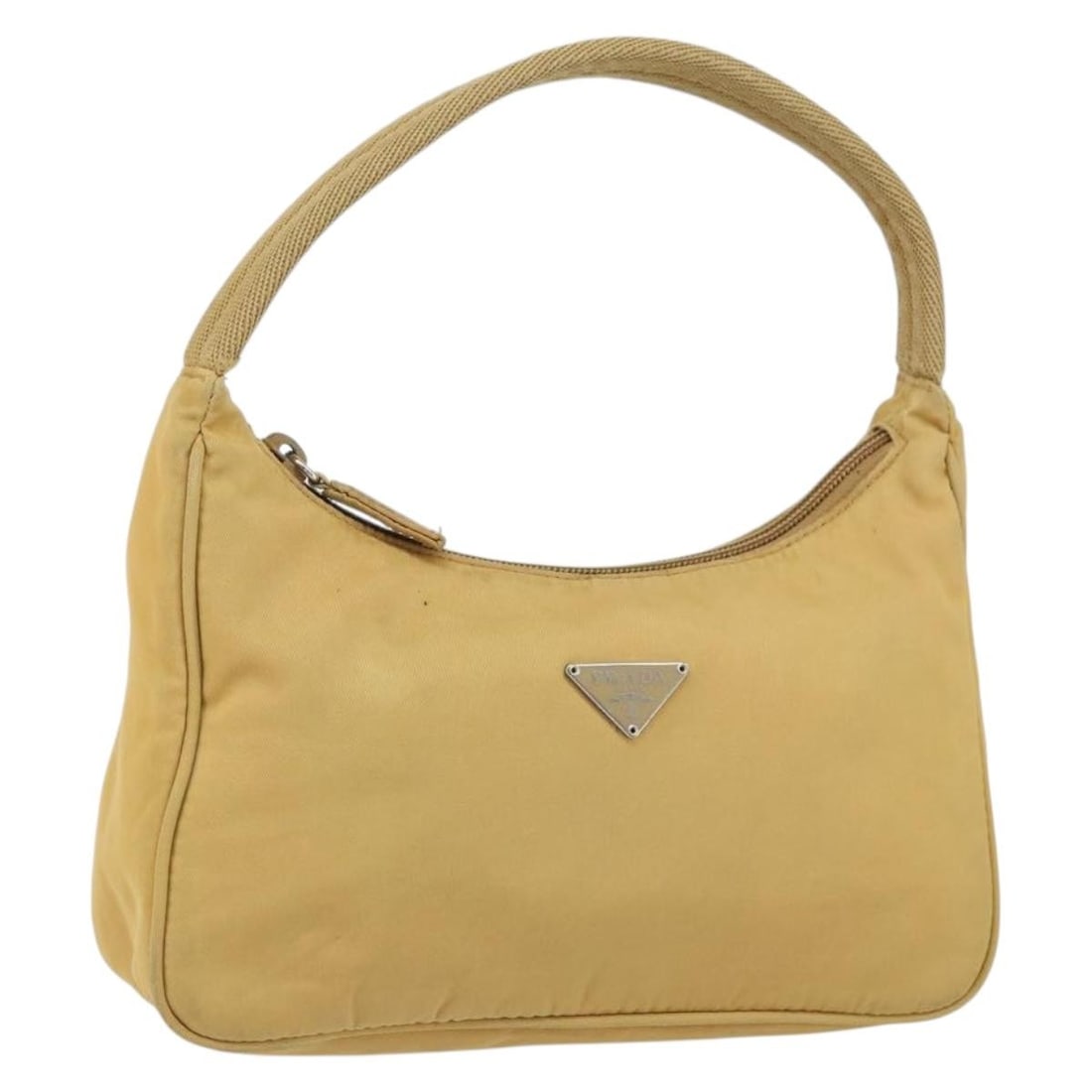 PRADA Nylon Hand Bag Beige Silver with Shoulder Strap: PRADA Nylon Hand Bag Beige Silver with Shoulder Strap Authentic Prada women's hand bag in beige nylon with silver-tone accents. Made in Italy, this compact bag includes a shoulder strap. Condition is 