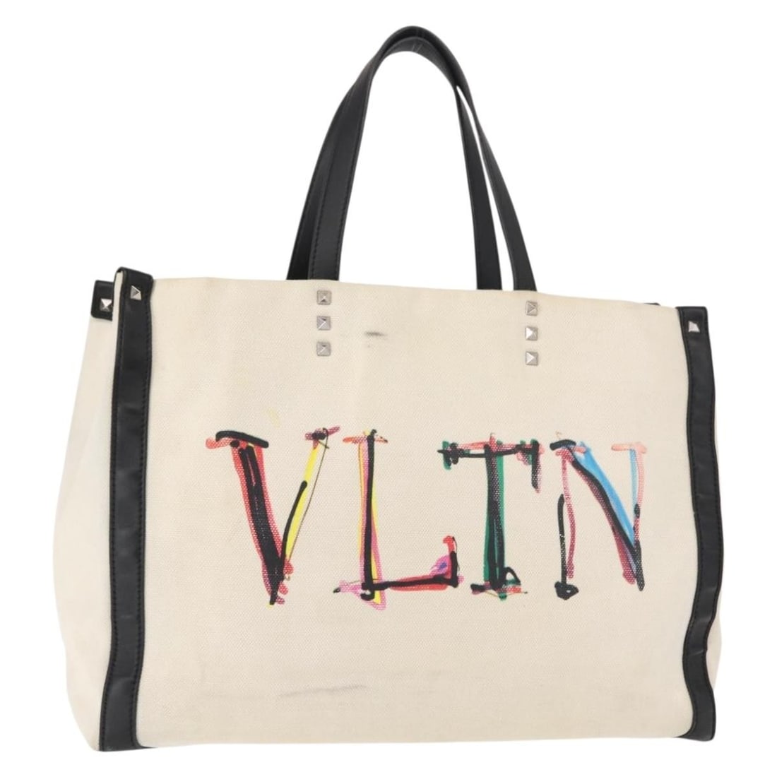 VALENTINO Canvas Tote Handbag White Silver Made in Italy: VALENTINO Canvas Tote Handbag White Silver Made in Italy Valentino studs tote bag in white and silver canvas, made in Italy. This women's tote is a heavily used authentic piece with visible wear throu