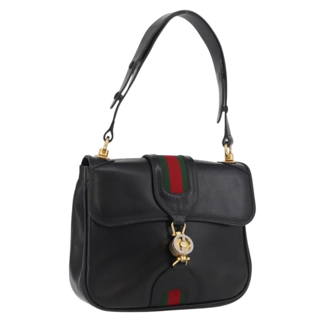 Gucci Jackie Web Black Leather Shoulder Bag Gold Red: Gucci Jackie Web Black Leather Shoulder Bag Gold Red This GUCCI Web Sherry Line Jackie shoulder bag is crafted from leather in a striking combination of black, gold, and red. Designed for women, it fe