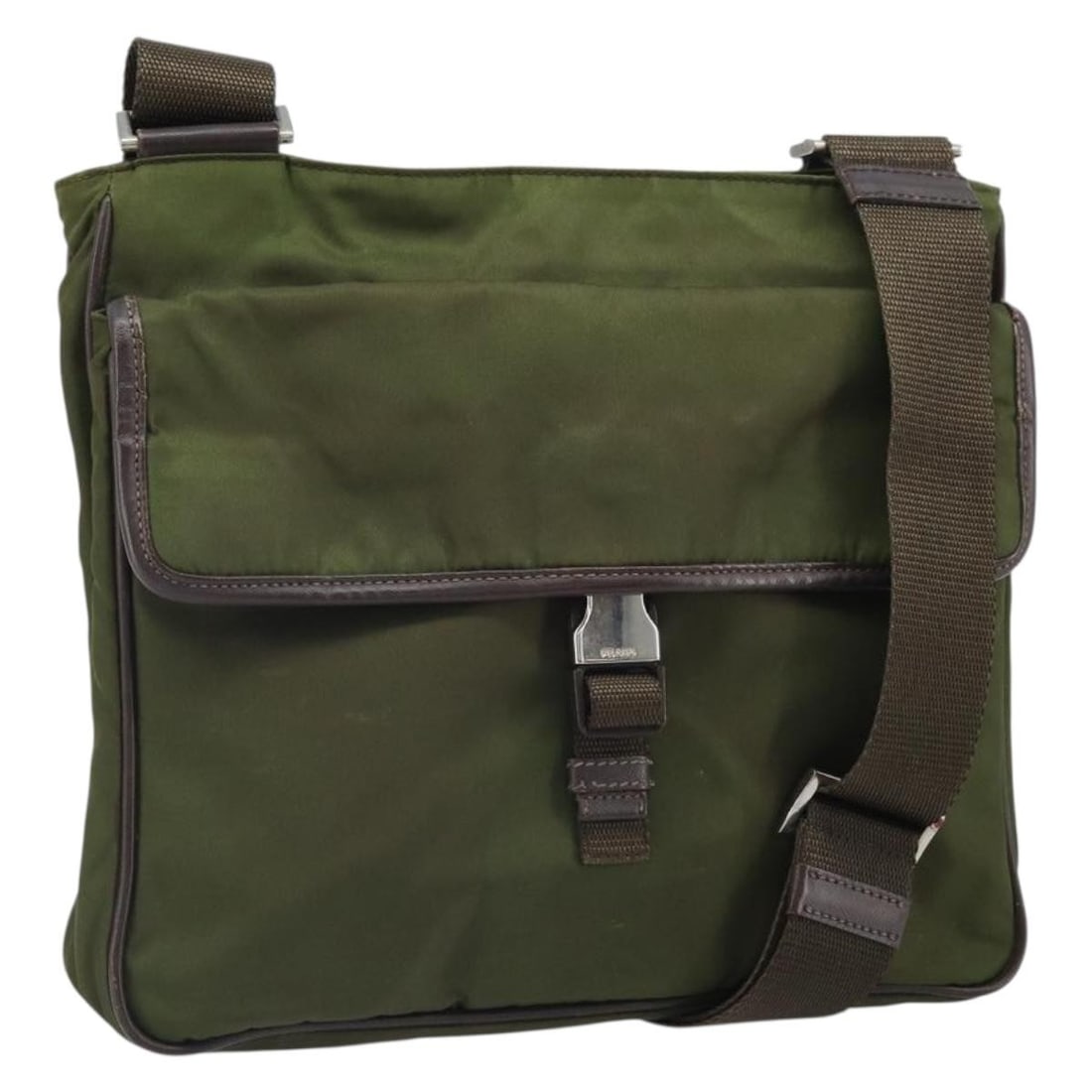 Prada Nylon Khaki Silver Shoulder Bag Italy Women: Prada Nylon Khaki Silver Shoulder Bag Italy Women This PRADA shoulder bag is crafted from durable nylon in a khaki and silver color scheme. Designed for women, it features an adjustable strap for vers