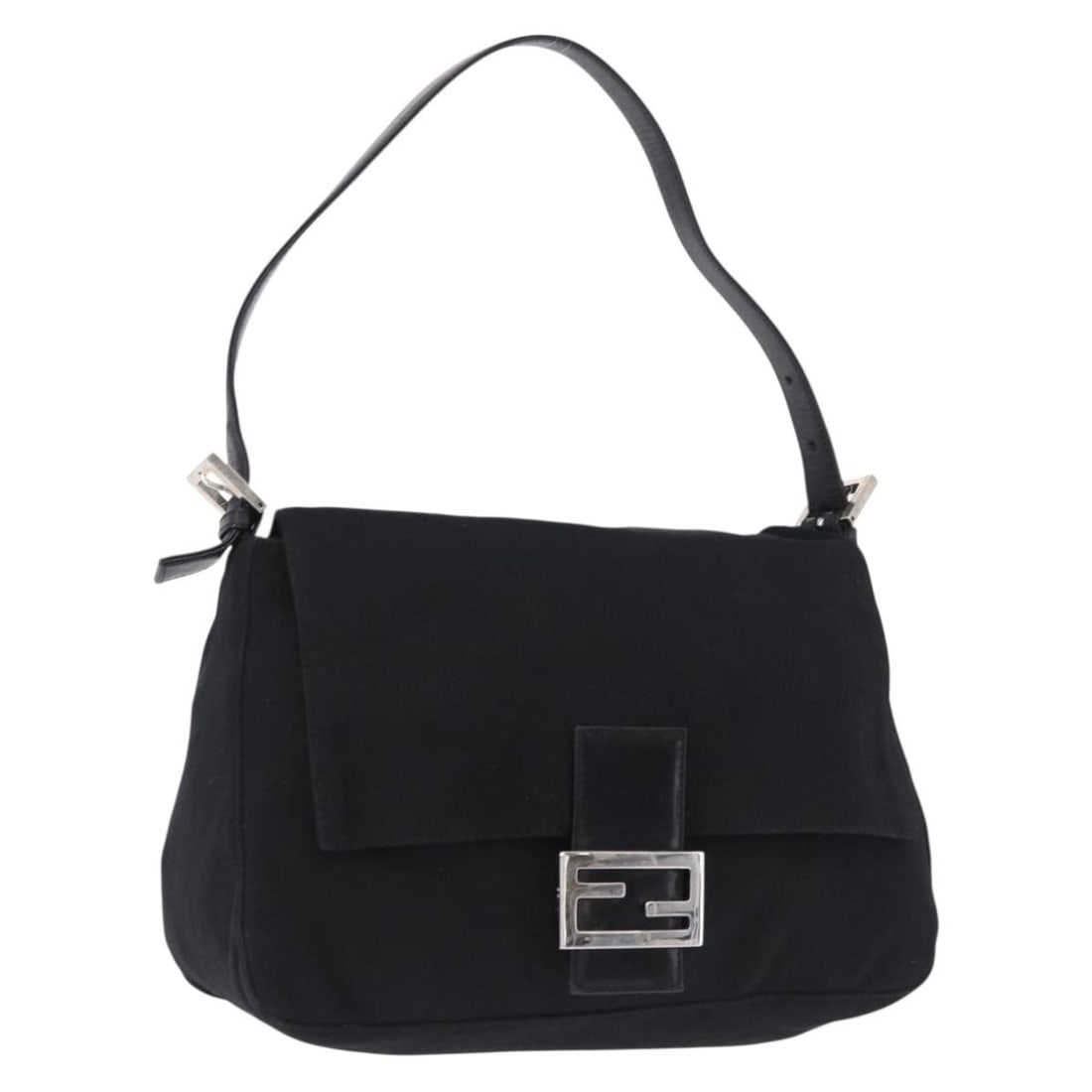 Fendi Black Cotton Jersey Mamma Baguette Shoulder Bag Silver Tone: Fendi Black Cotton Jersey Mamma Baguette Shoulder Bag Silver Tone Fendi Mamma Baguette shoulder bag in black and silver cotton jersey, made in Italy. This pre-owned bag has a shoulder strap with an ap