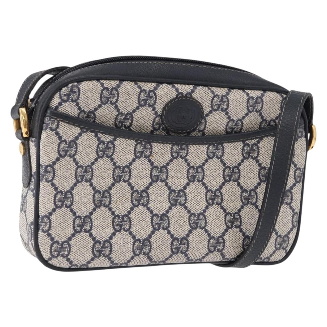 Gucci 007 56 0095 GG Supreme PVC Leather Shoulder Bag Navy Gold: Gucci 007 56 0095 GG Supreme PVC Leather Shoulder Bag Navy Gold Authentic Gucci shoulder bag in navy and gold, made from PVC leather and GG canvas. It features a shoulder strap with an approximate dro