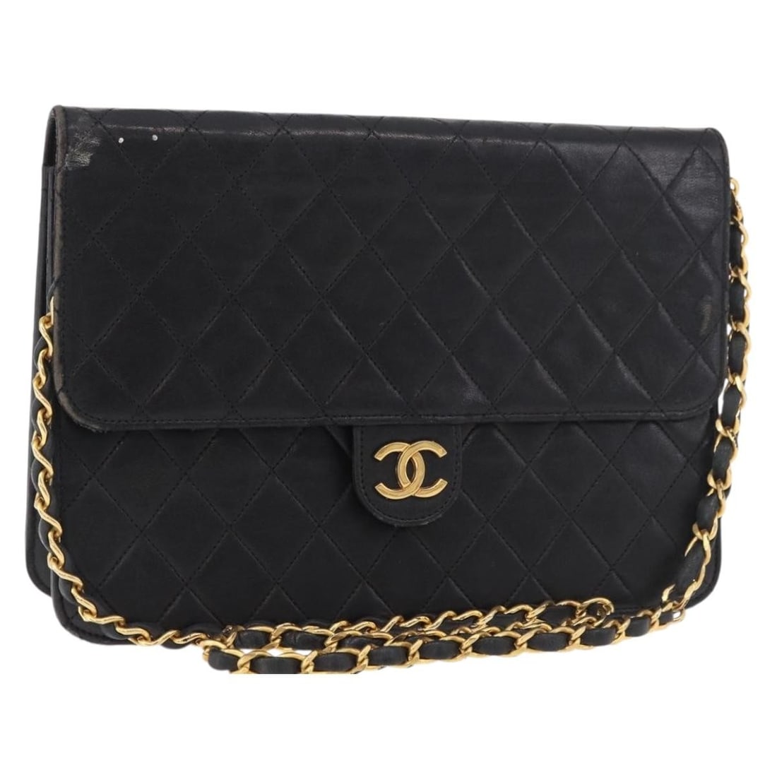 CHANEL CC Lamb Skin Shoulder Bag Black Gold Tone: CHANEL CC Lamb Skin Shoulder Bag Black Gold Tone Chanel shoulder bag in black lamb skin with a chain strap and CC detailing. Made in France, this women's bag shows heavy use with visible wear througho