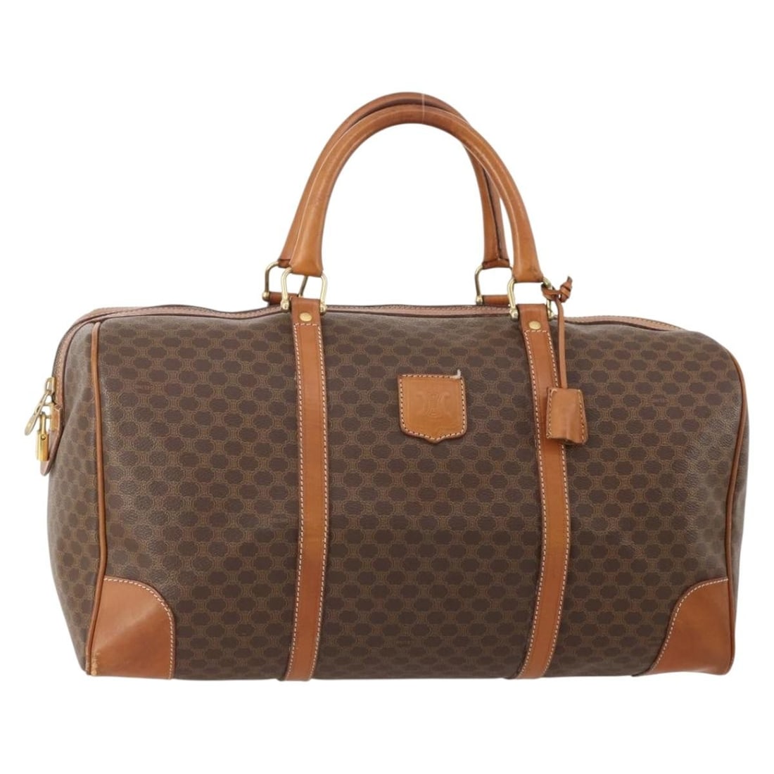 CELINE Macadam Canvas Brown Gold Boston Bag with Padlock Key: CELINE Macadam Canvas Brown Gold Boston Bag with Padlock Key This CELINE Boston Bag features the iconic Macadam canvas and PVC leather in a brown and gold colorway. Designed for women, it offers a spa