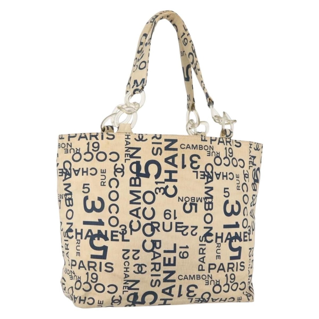 CHANEL Sea Line Canvas Tote Bag Navy Beige with Pouch: CHANEL Sea Line Canvas Tote Bag Navy Beige with Pouch Chanel By Sea Line tote bag in navy and beige canvas, made in Italy. It comes with a pouch and features a structured tote style. The bag is heavil