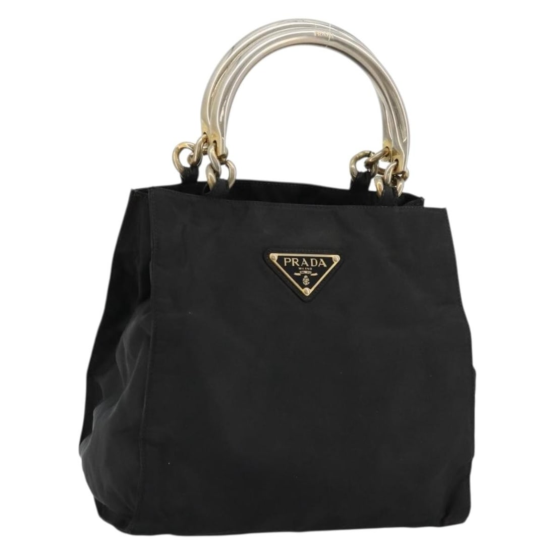 PRADA Nylon Hand Bag Black with Gold Tone Chain: PRADA Nylon Hand Bag Black with Gold Tone Chain Prada chain hand bag in black nylon with gold-tone accents. Made in Italy, this women's handbag is offered without the original box or dust bag; only th