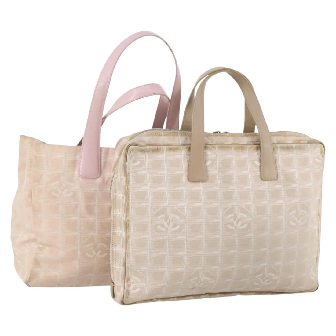 CHANEL New Travel Line Pink Beige Nylon Tote Bag Set: CHANEL New Travel Line Pink Beige Nylon Tote Bag Set This CHANEL Travel Line tote bag set features two nylon tote bags in pink and beige, designed for women. Made in Italy, both bags exhibit significa