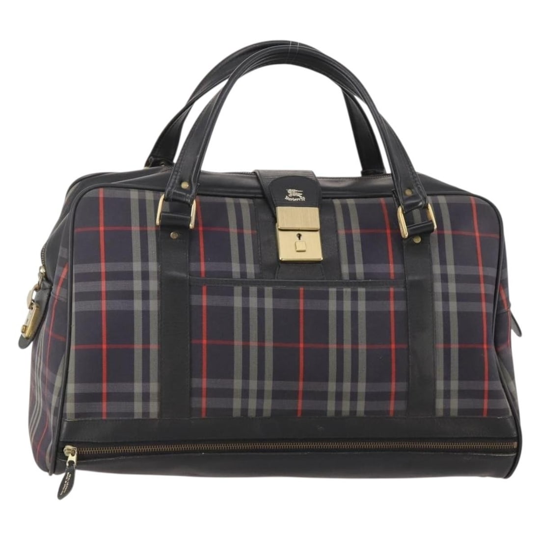 Burberrys Boston Bag in Navy Canvas with Gold Tone Hardware: Burberrys Boston Bag in Navy Canvas with Gold Tone Hardware Burberrys Nova Check Boston Bag in navy and gold, made from canvas. This Boston-style bag measures approximately 50 cm wide, 30 cm high, and