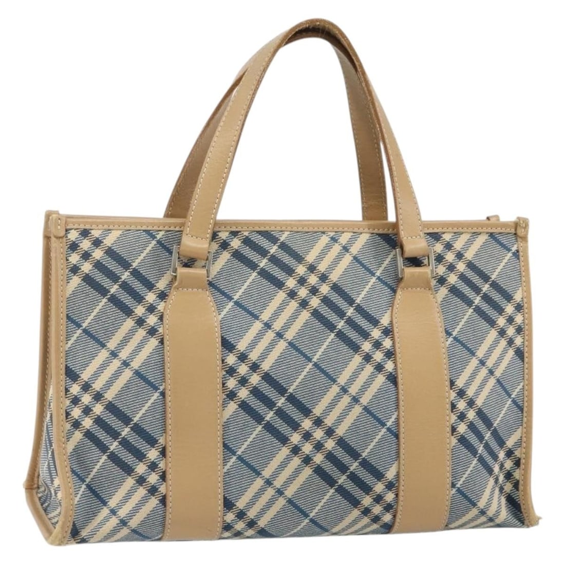 Burberry Blue Label Canvas Handbag with Nova Check Pattern Japan Exclusive: Burberry Blue Label Canvas Handbag with Nova Check Pattern Japan Exclusive This is a Burberry Blue Label Nova Check hand bag crafted from blue and silver canvas. The bag features a top handle design a
