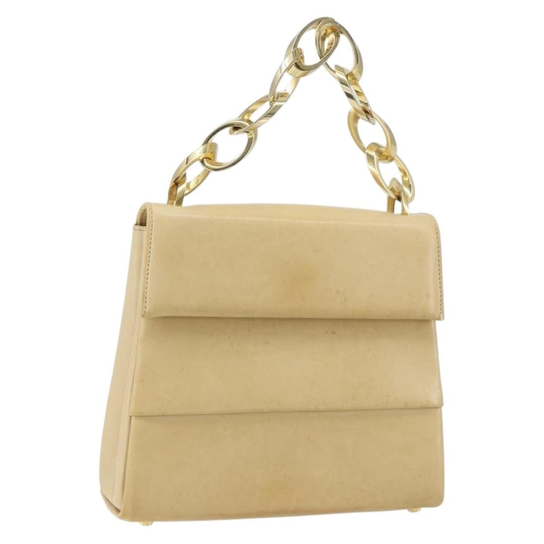 Beige Leather Chain Shoulder Bag by Salvatore Ferragamo Italy: Beige Leather Chain Shoulder Bag by Salvatore Ferragamo Italy This Salvatore Ferragamo chain hand bag is crafted from beige leather with gold-tone accents. Made in Italy, it features a compact design 
