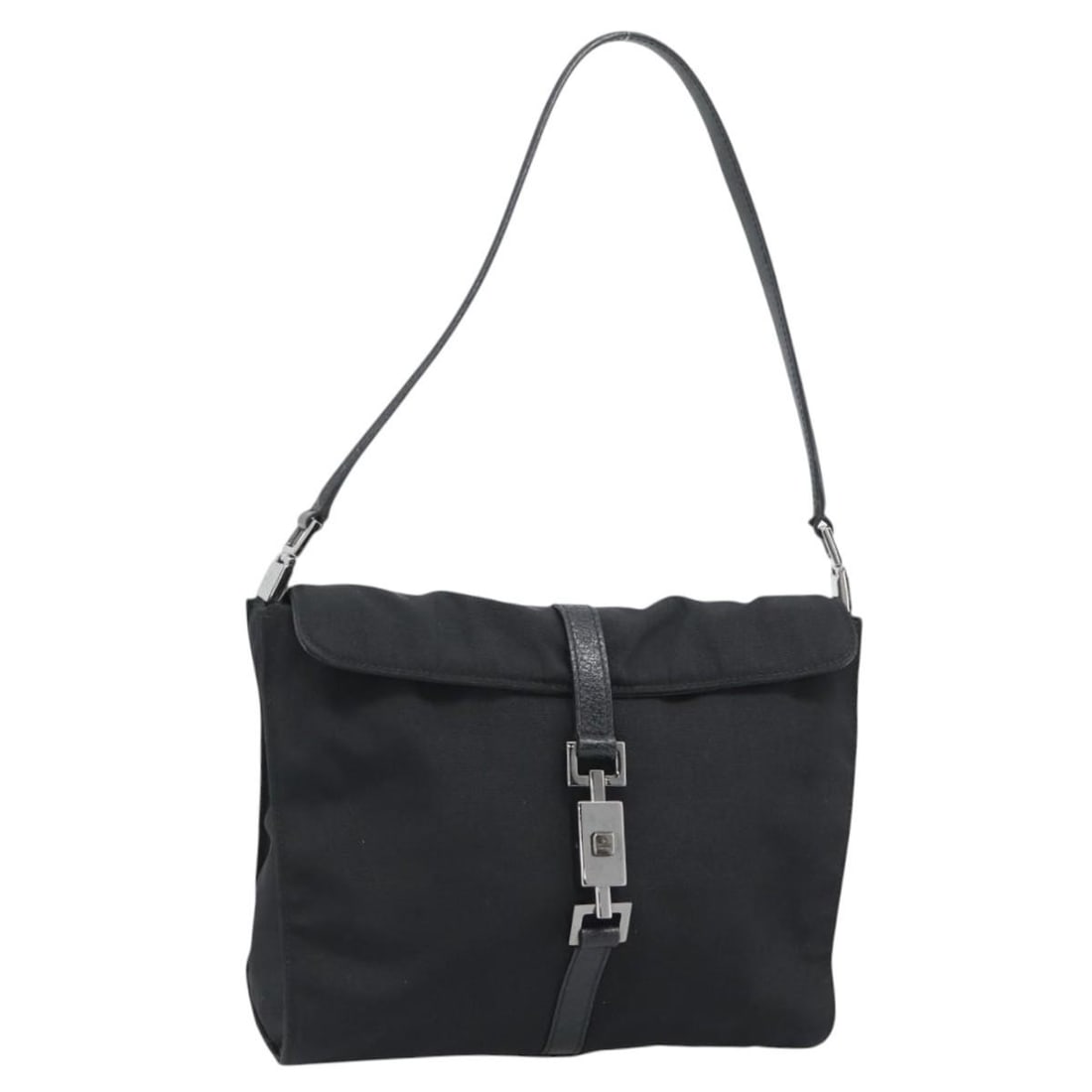Gucci 001 3734 Black Nylon Handbag Silver Tone Italy: Gucci 001 3734 Black Nylon Handbag Silver Tone Italy GUCCI hand bag in black and silver nylon, made in Italy. The bag measures approximately W22 x H20 x D5 cm with a handle drop of about 21 cm. It is 