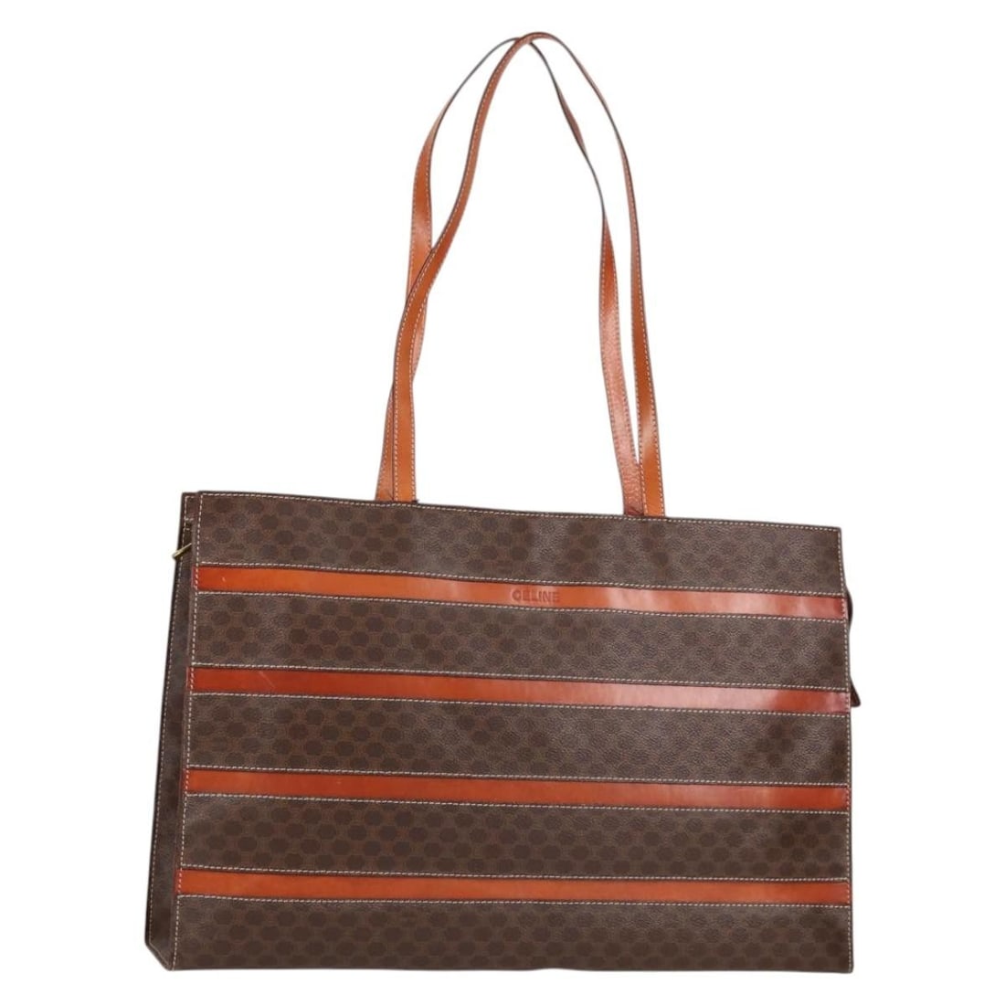 CELINE Macadam Tote Bag Brown PVC Leather Gold Tone: CELINE Macadam Tote Bag Brown PVC Leather Gold Tone Authentic CELINE Macadam canvas tote bag in brown and gold with PVC leather trim. Made in Italy, this women's tote features a spacious silhouette an
