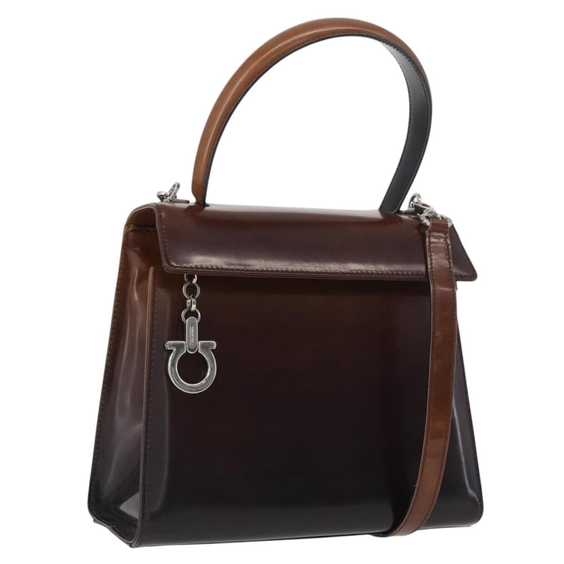 Salvatore Ferragamo Black Patent Leather Gancini Two Way Handbag with Strap: Salvatore Ferragamo Black Patent Leather Gancini Two Way Handbag with Strap This Salvatore Ferragamo Gancini 2-way bag is crafted from black patent leather and features silver-tone accents. Designed f