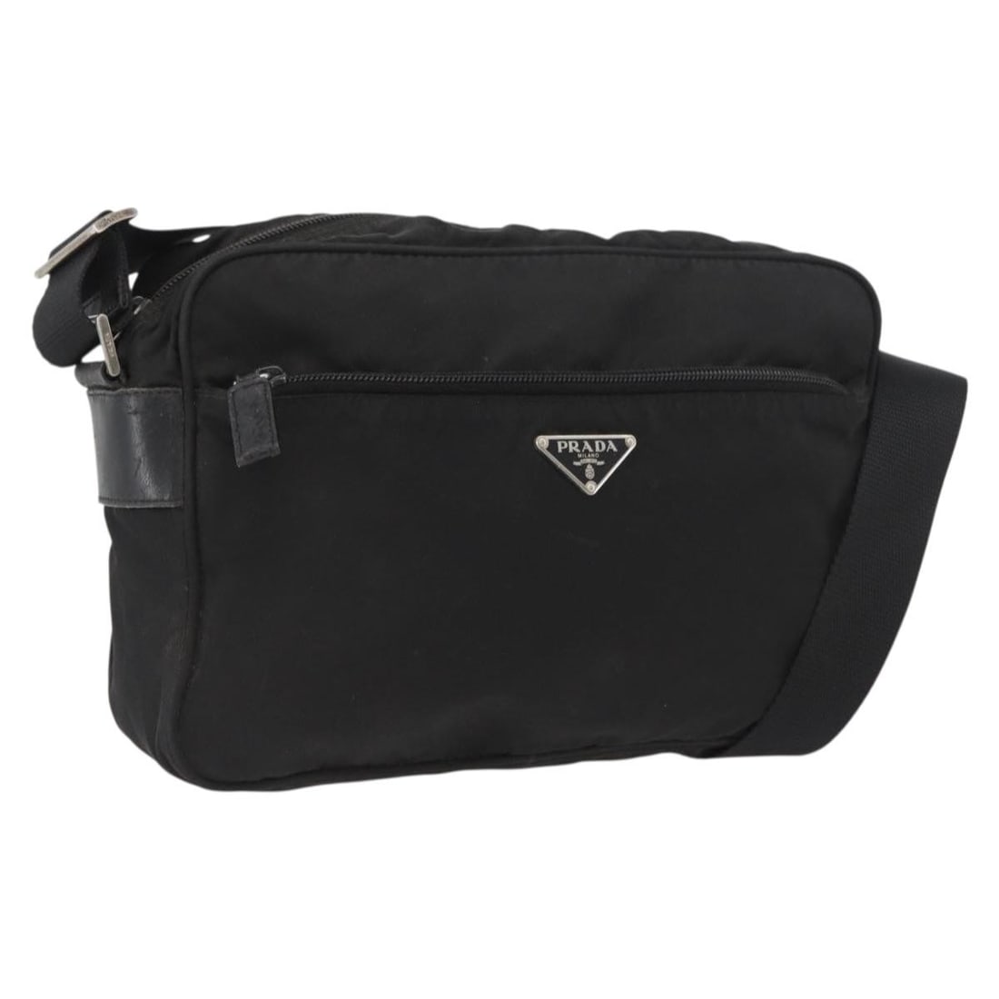 Prada Black Nylon Shoulder Purse with Silver Accents for Women: Prada Black Nylon Shoulder Purse with Silver Accents for Women This PRADA shoulder bag features a black nylon exterior with silver-tone accents. Designed for women, it has a spacious interior and an a