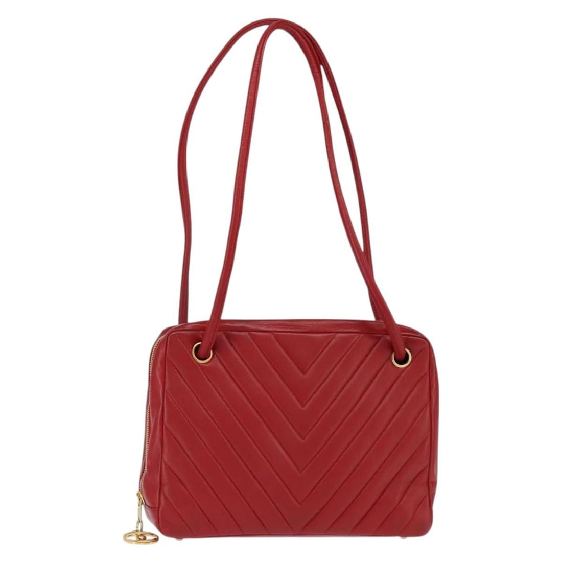 Chanel V Stitch Lamb Skin Shoulder Bag Red Gold Tone CC: Chanel V Stitch Lamb Skin Shoulder Bag Red Gold Tone CC A CHANEL V Stitch shoulder bag crafted in lamb skin with a red and gold colorway. It is made in France and comes with a guarantee card. The bag 