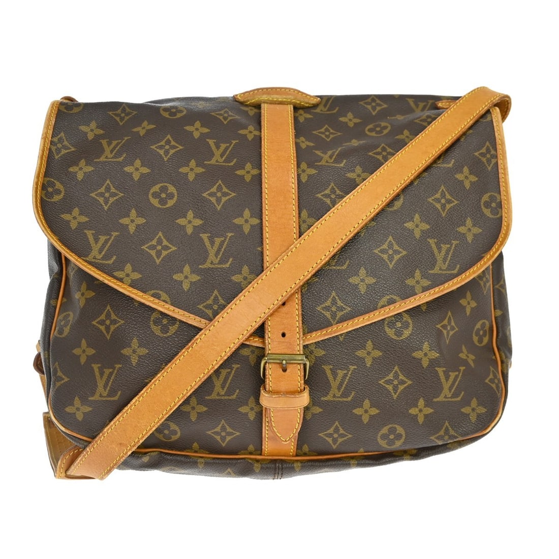 Louis Vuitton Saumur 35 Monogram Canvas Crossbody Shoulder Bag M42254: Louis Vuitton Saumur 35 Monogram Canvas Crossbody Shoulder Bag M42254 Vintage Louis Vuitton Saumur 35 shoulder bag in brown Monogram canvas with leather trim and a crossbody strap. This women's medium